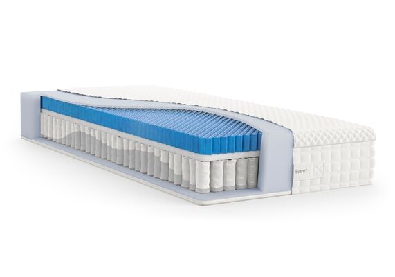 Die Svane-Zensation-Matratze zeigt eine innovative Schichtung mit blauen und weißen Elementen für optimalen Schlafkomfort.