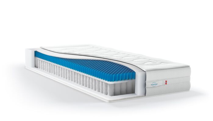 Querschnitt einer Svane-Zleep-Matratze mit blauem Gelkern für umfassenden Schlafkomfort