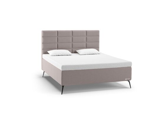 Ein modernes Bett mit gepolstertem Kopfteil in sanften Grautönen und zwei Kissen, ideal für stilvolle Schlafzimmer.