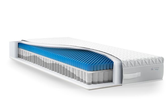 Eine Svane-Zupreme-Matratze mit Querschnitt zeigt ihre blauen und weißen Schichten für optimalen Schlafkomfort.