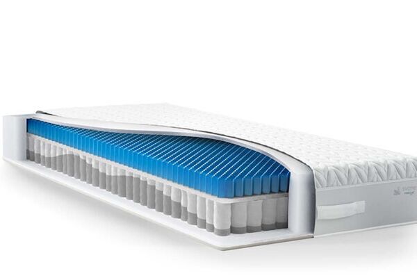 Die Svane Zupreme Matratze zeigt eine innovative Schichtstruktur mit blauen Taschenfedern für optimalen Schlafkomfort.