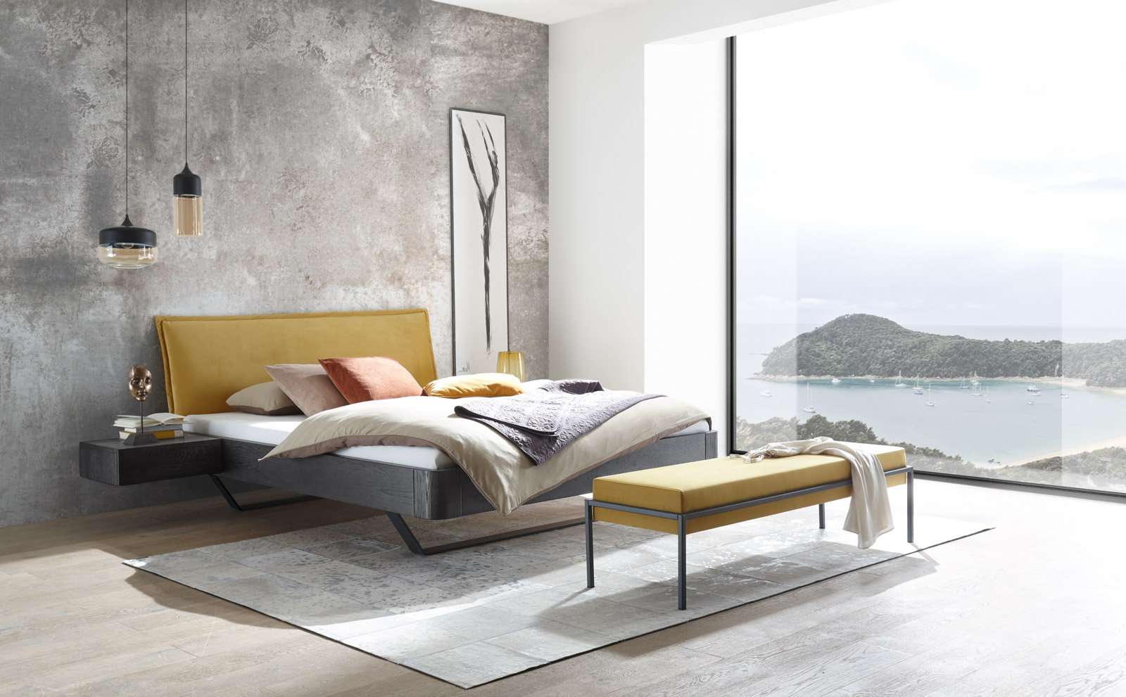Industrial Style-Bett der Oak Line von Hasena mit senfgelbem Kopfteil und Polsterbank