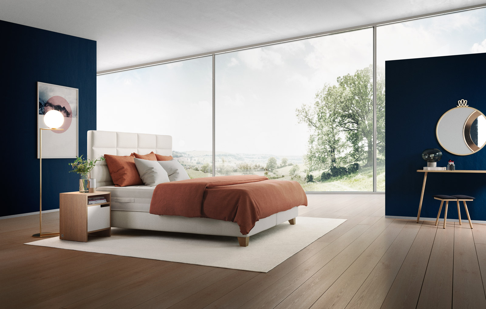 Helles, fast weißes Svane-Zleep-Bett mit Holzfüßen mittig in einem Raum mit dunkelblauen Wänden und mittelbraunem Boden vor einer großen Fensterfront.