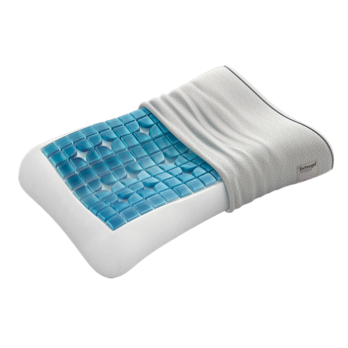 Ein innovatives Kissen mit einer blauen, strukturierte Technogel-Oberfläche sorgt für optimalen Schlafkomfort.